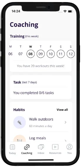 Coaching screen with training schedule and habits